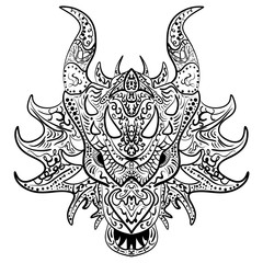 black and white sketch dragon head Zen-tangle