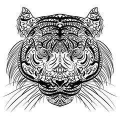 Sketch black and white tiger head Zen-tangle