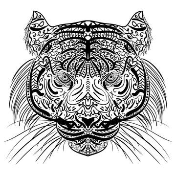 Sketch black and white tiger head Zen-tangle