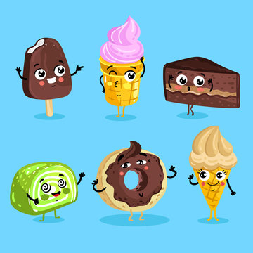 Cartoon funny foods characters isolated vector illustration. Funny sweet dessert face icon. Dessert emoji. Funny wafer, laughing cupcake and happy cookies. Cartoon emoticon face of dessert.