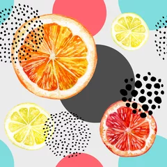 Foto op Plexiglas Aquarel fruit Aquarel verse sinaasappel, grapefruit en kleurrijke cirkels naadloze patroon.