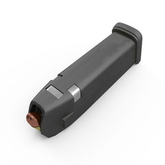 Loaded 9 mm pistol black magazine isolated one white. 3D illustration