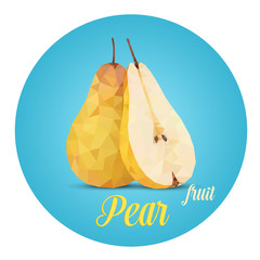 Pear composition. The whole and cut-off fruit. Triangular style. Polygonal, mesh style. Art composition. On a beautiful background gradient.