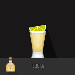 Glass of tequila with lime on black background. Flat design styl