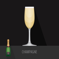 Glass of champagne on black background. Flat design style, vecto