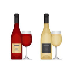 Set of different wine bottles with glasses, red and white. Types