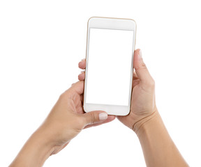 Female hand holding mobile smart phone with blank screen isolated on white background.