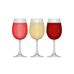 Set of different wine glasses, red, pink and white. Types of win