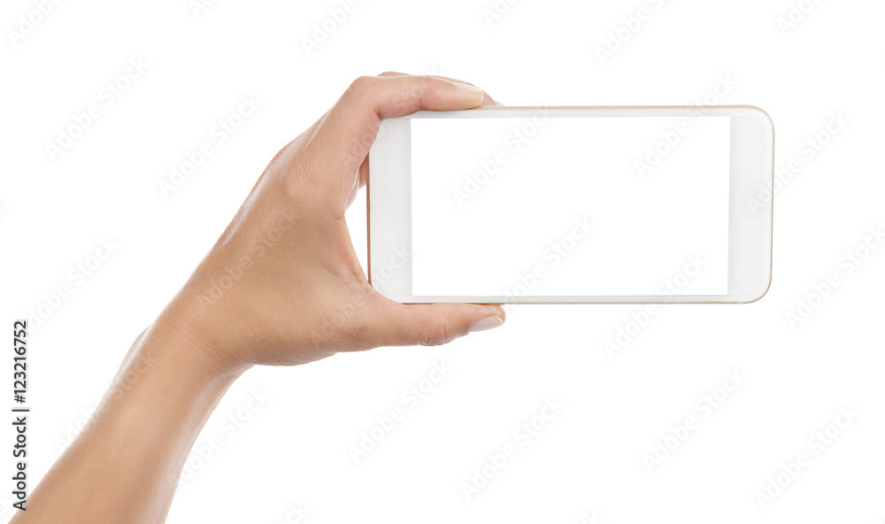 Wall mural taking photo with mobile smart phone isolated on white background with clipping path for the screen