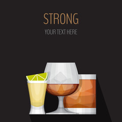 Glass of strong drinks, tequila, whiskey and cognac on black bac