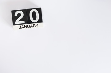 January 20th. Day 20 of month, calendar on white background. Winter time. Empty space for text