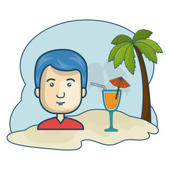 avatar man smiling with cocktail drink over beach background. vector illustration