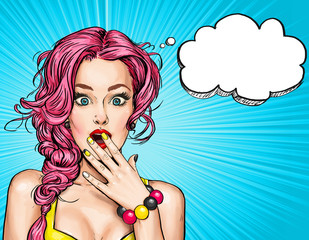 Surprised young sexy woman with open mouth.Comic woman. Gossip girl. Amazed women. Pop Art girl. Sale, discount, amazed, wow, oops, lips, hipster, face, wow, makeup, wonder, temptation, Gossip , idea