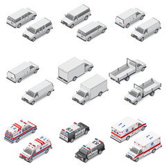 Minivan passenger, cargo, board mini truck commercial van, police and ambulance set icons