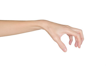 Closeup of female hand holding. Isolated on white background.