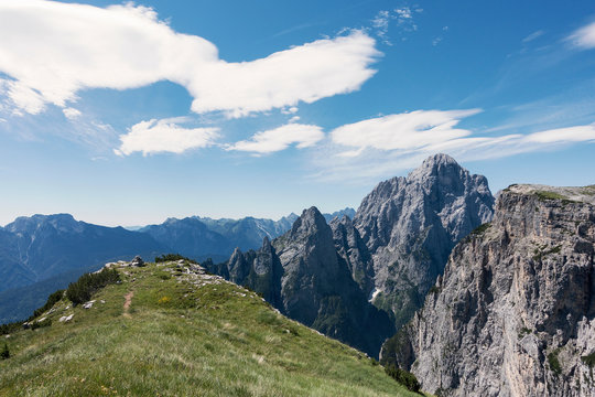 View from BASE jumping spot to cliffs on other side of the valley, Col di Pra, Italian Alps, Alleghe, Belluno, Italy