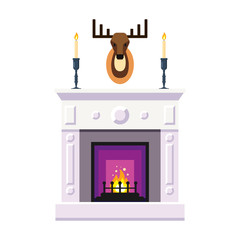 Fireplace with deer heard, candle. Fire warm, Cozy Home interior - flat vector illustration.
