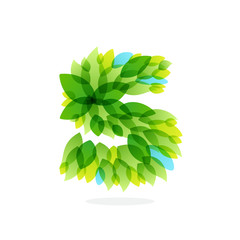 S letter logo formed by watercolor fresh green leaves.