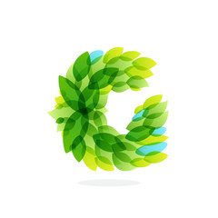 G letter logo formed by watercolor fresh green leaves.