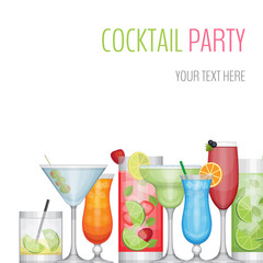 Cocktail party card. Cocktail bar flyer. Flat design style, vect