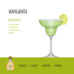 Glass of cocktail margarita on white background. Cocktail menu c