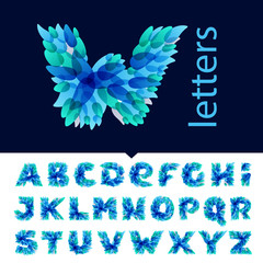 Alphabet logos formed by blue water splashes.
