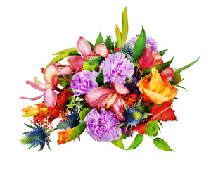 Colorful floral bouquet of roses, cloves and orchids isolated on white background.