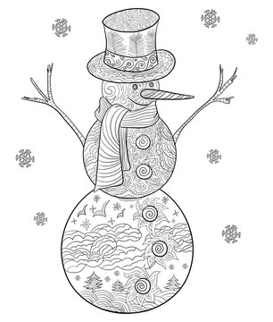 Hand drawn doodle illustration of Christmas snowman. Decorative page for adult coloring book. In the bottom circle shows the stylized birds flying above the clouds and trees.