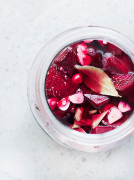 Beetroot, garlic and sage pickle in jar