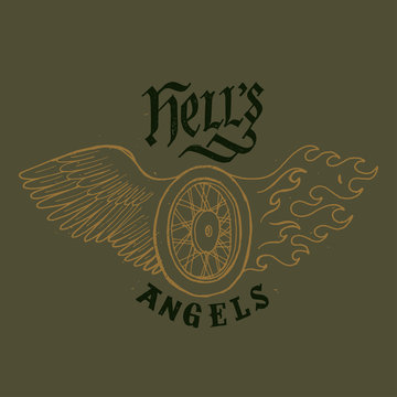 hells angels biker print. wheel with wing and fire. motorcycle lettering.