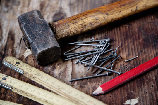 Pencil, nails, hammer, zig zag ruler