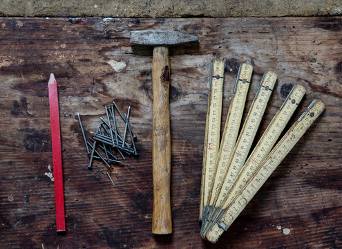 Pencil, nails, hammer, zig zag ruler