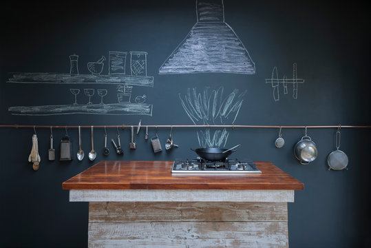 Kitchen With Chalkboard Wall Background