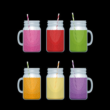 Set of different smoothie mason jar. Smoothie bar menu. Types of