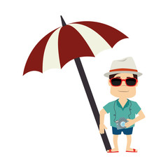 avatar man wearing sunglasses and summer clothes and parasol over white bakcground. vector illustration