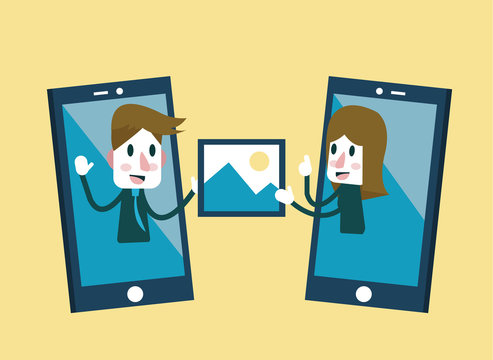 Man and woman sending and share picture on smartphone. flat vector