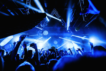 night club party festival dj with crowd of people - obrazy, fototapety, plakaty