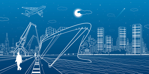 Cargo ship loading, boat on the water, sea harbor, transportation illustration, people walk along the promenade, vector design art