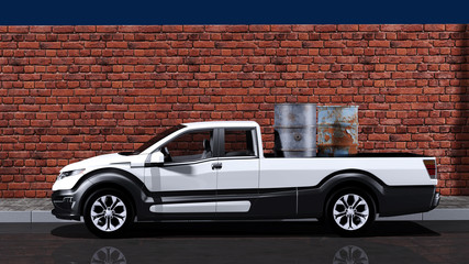 Pickup mit Ölfässern vor einer Ziegelmauer © pgottschalk