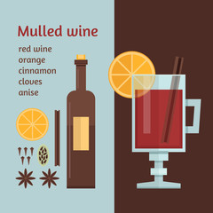 Glass of mulled wine and ingredients for cooking. Vector illustr