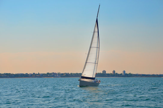 CONSTANTA, ROMANIA - AUGUST 28, 2015: Yachting on the Black Sea at the sunset.