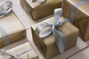 Gift wrapping. Modern christmas present in boxes