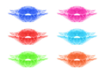 Lipstick kisses on the white background