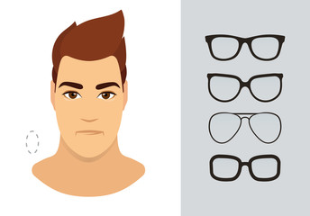 Man eyewear shapes for oblong man face type. Various forms of summer eyeglasses for oblong face. Fashion collection. Vector icon set.