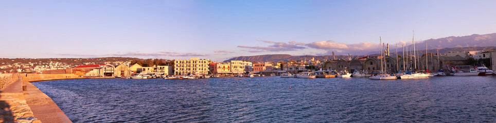 Fototapeta premium Panoramic view of old port Chania in Crete, Greece.