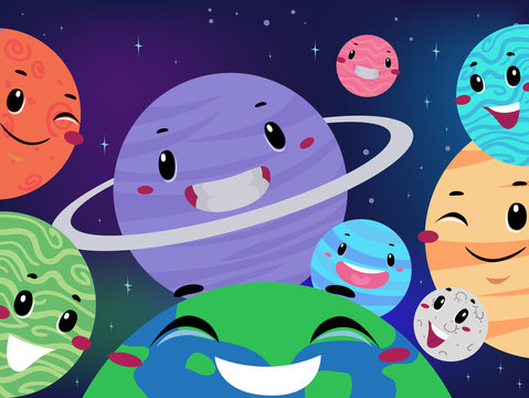 Vector Illustration of Different Planet Mascot on Universe