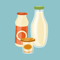 Assortment of dairy products isolated on blue background, vector illustration. Nutritious and healthy milk products. Natural and healthy food. Organic farmers products. Dairy icon.