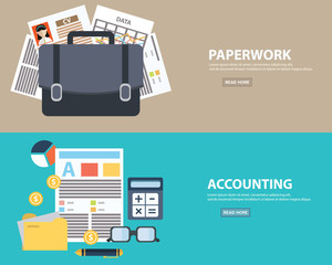 Flat style business accounting and paperwork concept and finance. Web banners templates set.