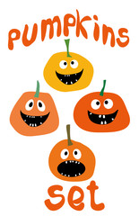 Halloween funny Pumpkin vector icons set Simple flat style design Pumpkins with Jack O`Lantern face isolated on white background Set Pumpkins for Halloween Pumpkin vector Pumpkin head vector icon