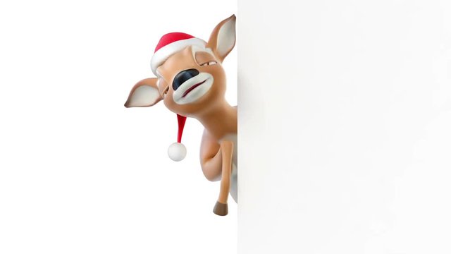 Cartoon deer in a hat of Santa Claus, 3d animation with an alpha matte